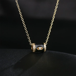 Luxury 18K gold plated copper evil eye cylinder pendant necklace with black enamel