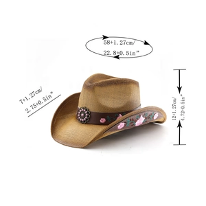 Detailed view showing hat dimensions and floral embroidery on woven cowboy hat