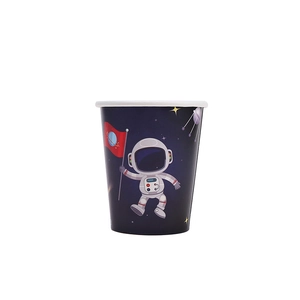 Disposable paper cup featuring cute astronaut and space galaxy theme for boy birthday
