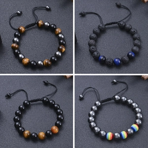 Tiger Eye Lava Rock Beaded Bracelet Adjustable Braided Rope Natural Stone Yoga Anxiety Relief Jewelry For Women Men
