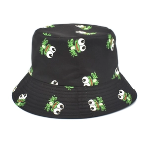 Fashionable black bucket hat with green frog print for outdoor sun protection