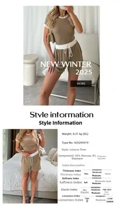 Infographic showing khaki loungewear set with detailed fabric composition and size charts