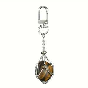 Tiger Eye stone crystal keychain with silver geometric metal cage and lobster clasp
