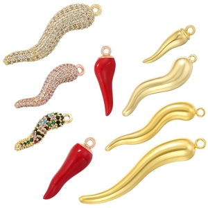 Detailed display of S-shaped chili pendants in colorful enamel and zircon-inlaid finishes