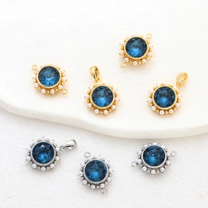14k vergoldete Sonnenblumenanhänger mit blauem Kristall und Perlen für DIY-Schmuck