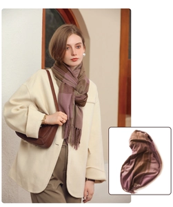 Close-up of the purple and brown plaid pattern and soft tassel edges on the scarf