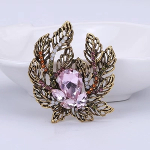 Elegant vintage gold leaf brooch with pink gems and colorful rhinestones for women