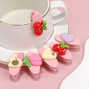 Set of 6 cute pink hair clips with cherry heart and tulip designs for women