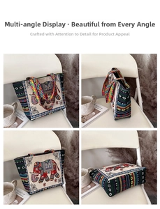 Detailed views of ethnic canvas tote bag with red elephant embroidery and colorful straps