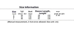Size guide with bust, shoulder, and length measurements for this stylish wool coat