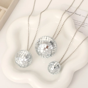 Disco Ball Pendant Necklace Retro Punk Mirror Glass Reflective Long Bead Chain For Christmas Party Club Costume Accessory