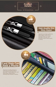 Detail of genuine leather business clutch with 21 card slots and dual zinc alloy zippers