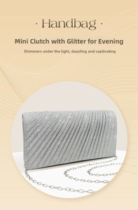 Detail of silver glitter evening clutch bag featuring wavy pleats and fine metal chain strap