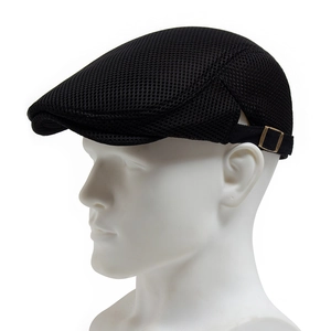 Men's summer breathable black mesh beret hat with adjustable side metal buckle