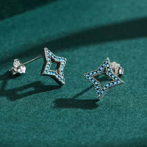 Minimalist S925 sterling silver four-point star stud earrings with turquoise stones