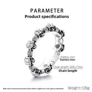 Detail view of punk stainless steel skull bracelet with dimensions 225x17mm and 120g weight