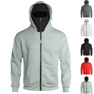 Detail of multi-color full-zip hoodies with built-in face masks and kangaroo pockets