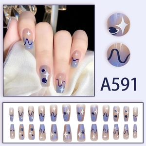 Starry sky press-on nails with blue-purple gradient and celestial planet designs