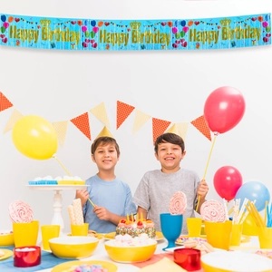 Blue fringe birthday banner with gold Happy Birthday text for party wall decoration