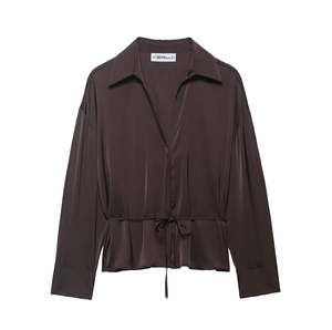 Satin Blouse Women Long Sleeve V Neck Drawstring Waist Elegant Solid Color Office Commute Satin Textured Top