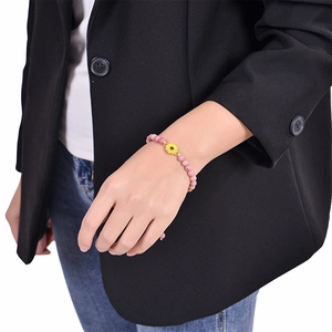 6mm Pink wood grain stone bracelet with yellow sunflower charm for women