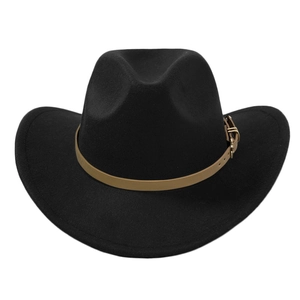 Close-up of black wool fedora featuring a brown leather band and gold metal buckle detail