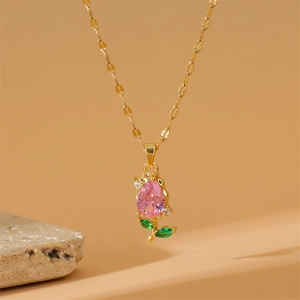 Tulip Flower Pendant Necklace Pink Zircon Stainless Steel Gold Plated Elegant Sweet Floral Jewelry For Women