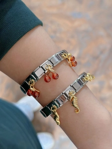 Detail of silver modular stainless steel bracelet with cherry and seahorse charms