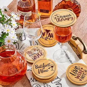 Bamboo round coasters with liquid therapy art text for wine and champagne glassware