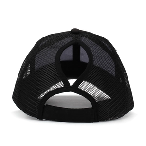 Detail of black ponytail hole and adjustable strap on a breathable mesh trucker cap