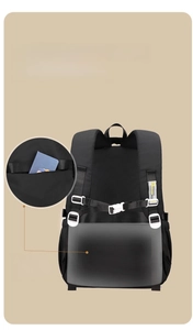 Detail of the ergonomic black backpack back featuring a hidden anti-theft zipper pocket