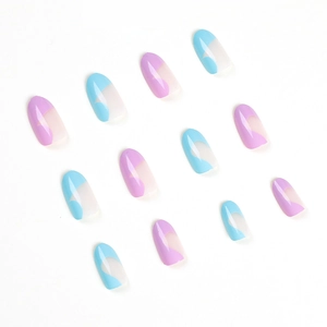 Glossy oval false nail set with blue and purple wavy patchwork design on white background
