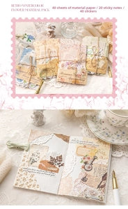 Close-up of vintage floral scrapbooking set with 100 pieces of washi stickers and paper