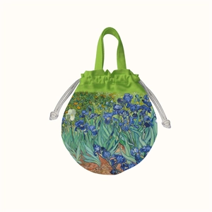 Detail of Van Gogh Iris painting on round canvas bucket bag with green drawstring