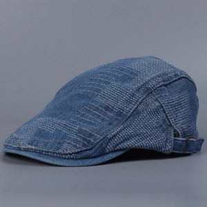 Retro Irregular Plaid Denim Flat Cap For Men Women Vintage Artistic Newsboy Hat Adjustable Cotton Ivy Cap Streetwear Accessories