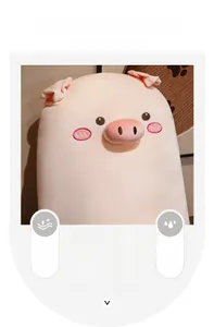 Close-up of fine embroidery details and soft pink plush fabric on the pig stuffed toy