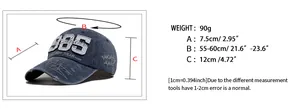 Detailed size chart for vintage washed denim baseball cap with 1985 embroidery details