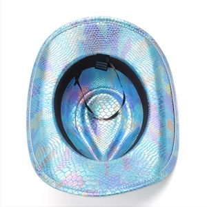 Detail view showing internal lining and care label of iridescent fish scale cowboy hat