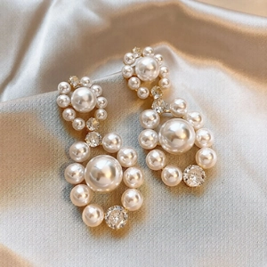 Elegant Round Faux Artificial Pearl Zircon Drop Earrings With Silver Earring Post Vintage Palace Style Luxury Jewelry For Women