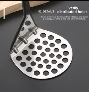 Close-up of stainless steel potato masher showing uniform round perforated holes