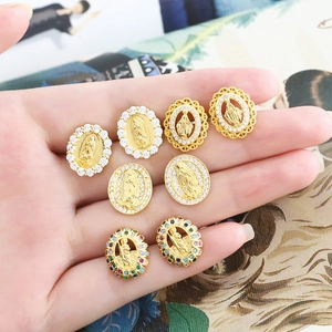 Virgin Mary Religious Stud Earrings Retro Gold Plated Copper Oval Zircon Inlaid Hollow Vintage Jewelry For Women Fashion