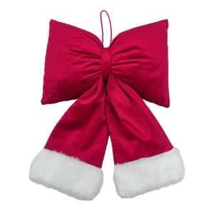 Large red velvet Christmas bow ornament with white faux fur trim and hanging rope