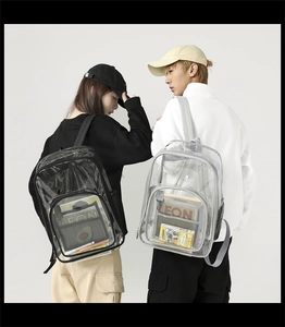 Detail view of transparent waterproof PVC backpacks with mesh side pockets on models