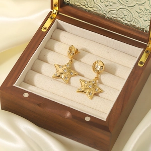 Star Dangle Earrings Stainless Steel 18K Gold Plated Hammered Texture Rhinestone Inlaid Geometric Women Jewelry