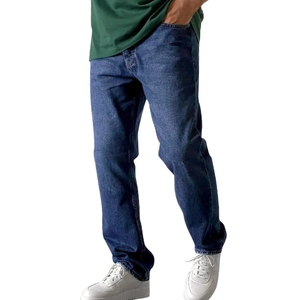 Men's classic medium blue straight-leg denim jeans with stone wash finish in a casual fit