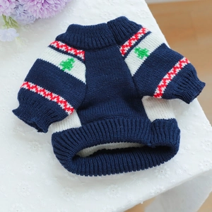 Detailed view of navy blue knitted pet sweater with festive pattern and rib cuffs