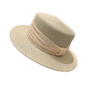 Elegant summer flat top straw hat with chiffon ribbon and pearl chain decoration