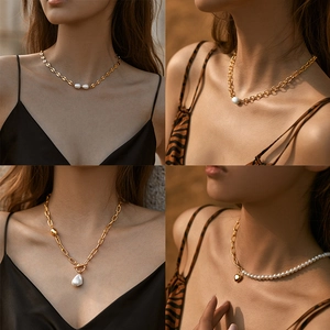 Elegant baroque pearl necklace collection with gold plated chains for women