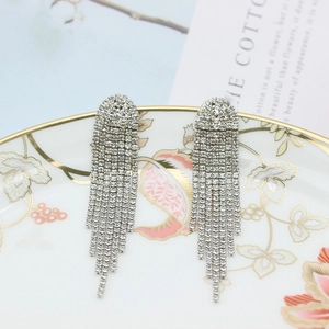 Elegant silver tassel earrings with flower crystal drop and long sparkling fringe