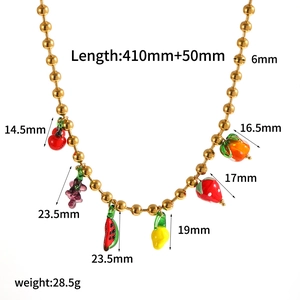 Golden stainless steel beaded necklace with colorful fruit pendants and dimensions